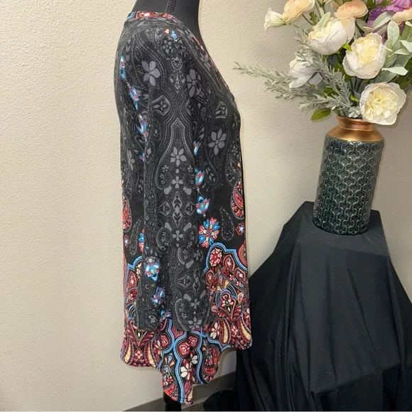 WinWin Black Paisley Boho Tunic V-Neck Bell Sleeve Festival Top S-M - Picture 4 of 7